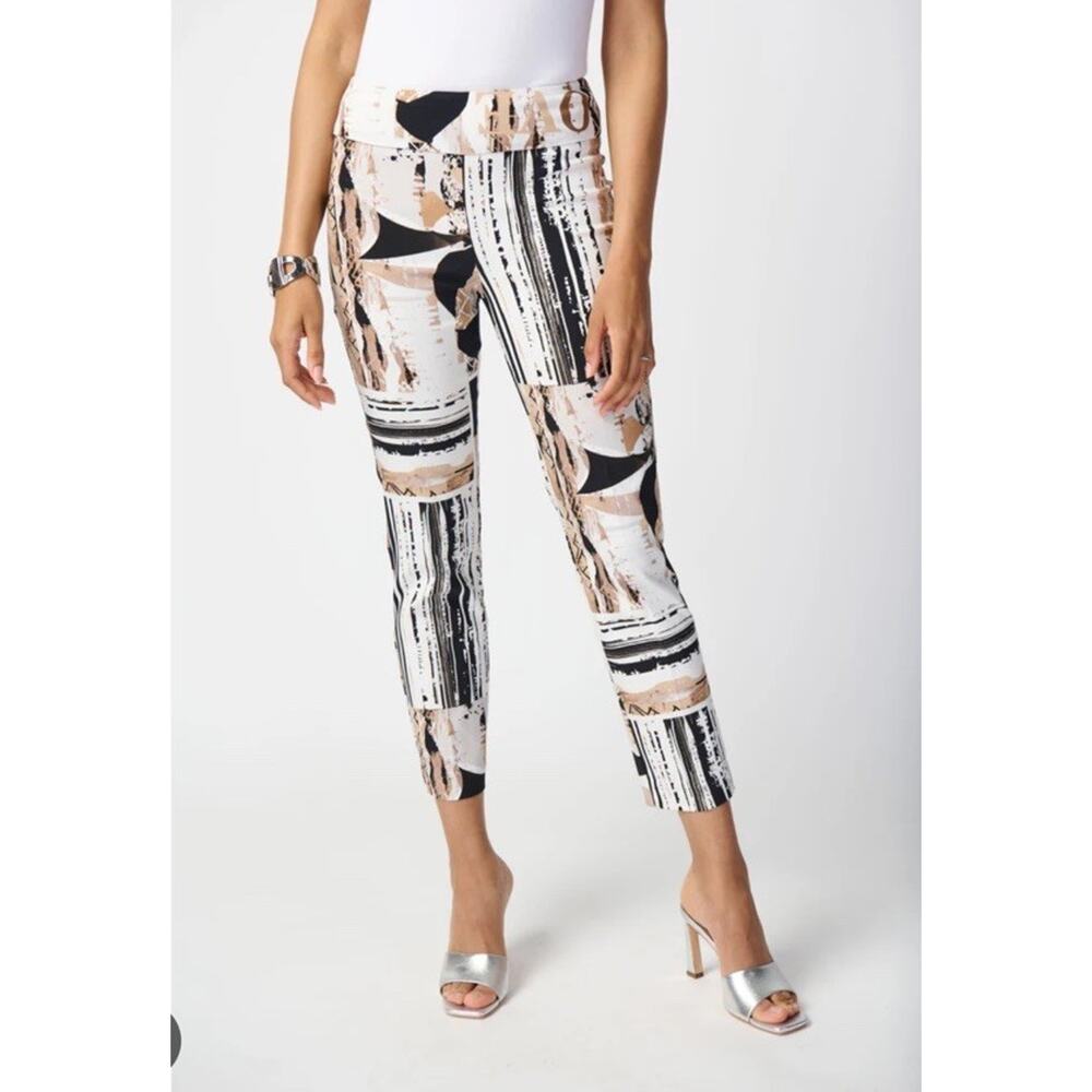 Joseph Ribkoff Vanilla/Multi Abstract Print Pull On Slim Cropped Pants Size 8